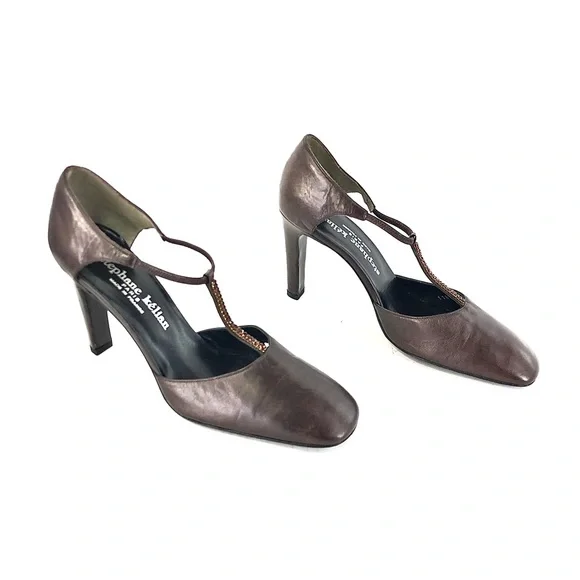 Stephane Kelian Bronze Leather Beaded T-Strap Heels - Picture 1 of 13